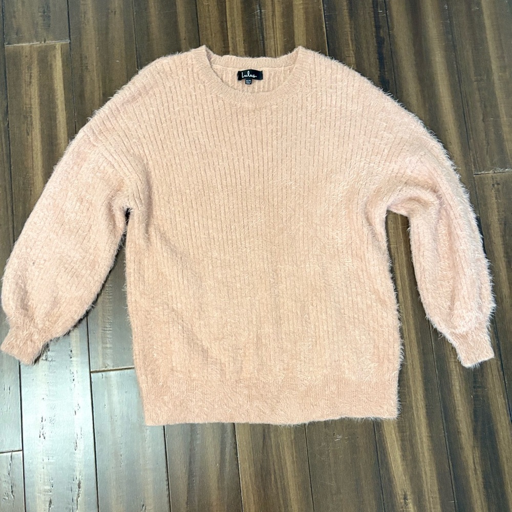 Lulu's Blush Pink S/M Crew Neck Sweater Balloon Sleeves Fuzzy Shaggy Cable Knit